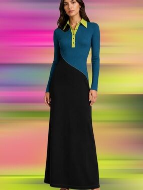 Maria Marscone Long-Sleeve Maxi Dress in Teal, Black & Lime Collar